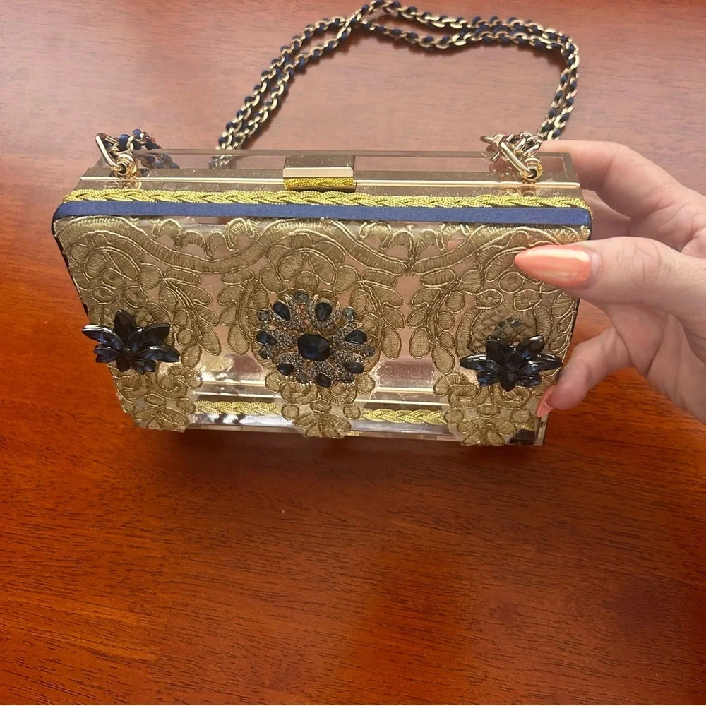 Steve Madden Gold and navy jeweled lace Heels, clutch and headpiece handmade. 8